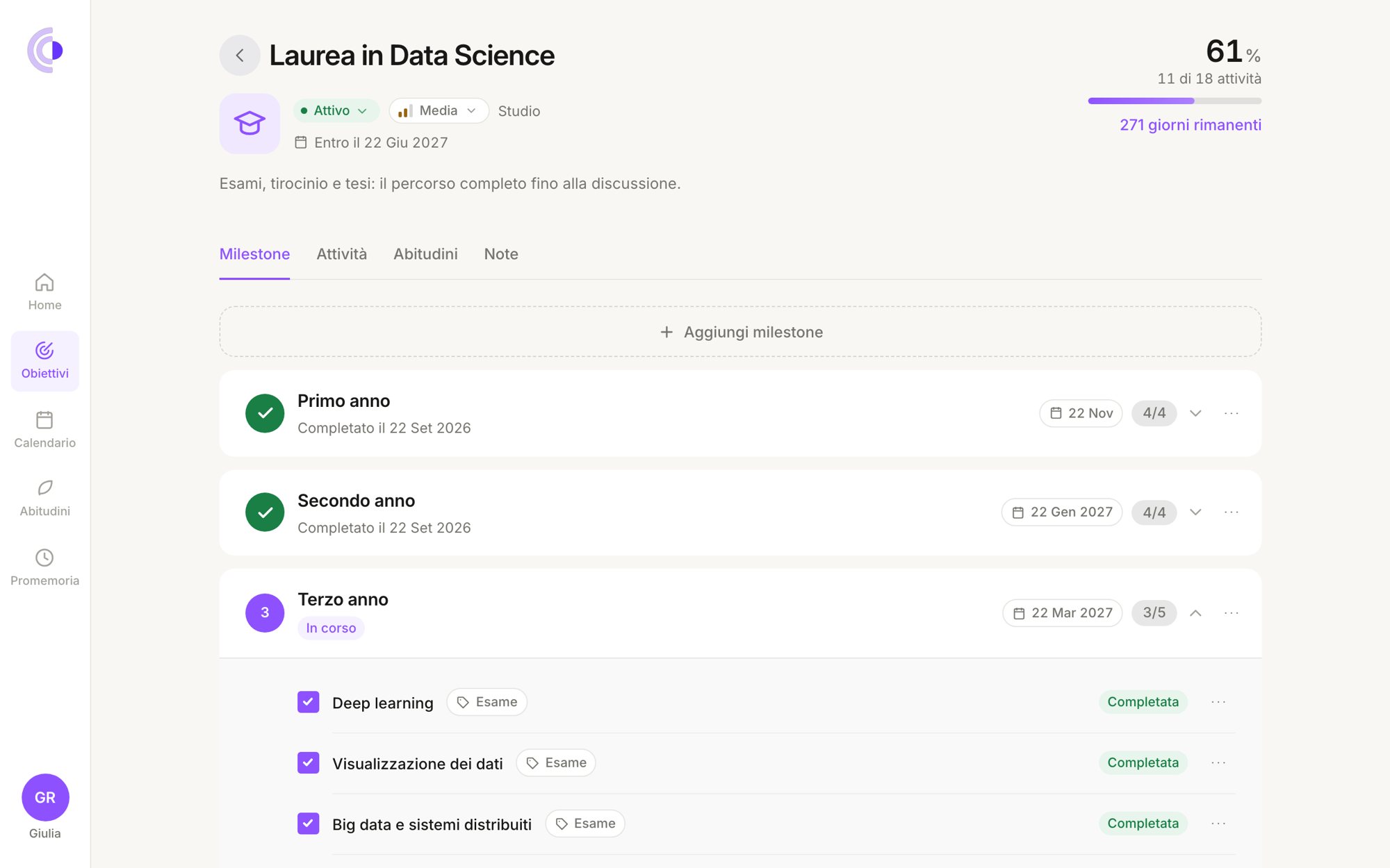 Obiettivo Laurea in Data Science con milestone