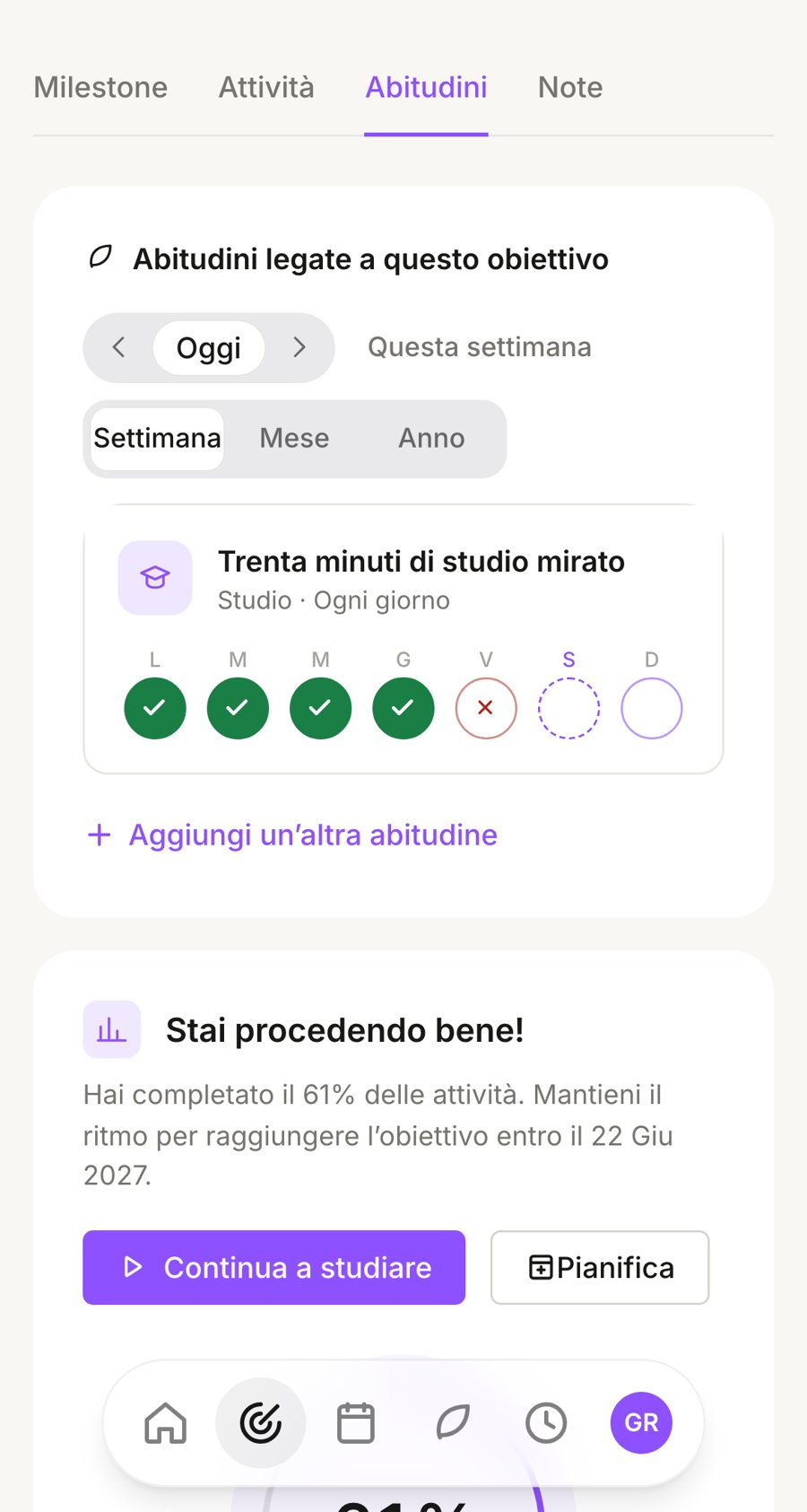 Su telefono, la scheda Abitudini dell’obiettivo Laurea in Data Science con l’abitudine Trenta minuti di studio mirato
